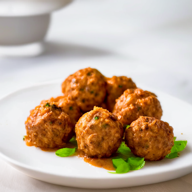 A plate-filling image of 6 air fryer turkey meatballs on a white plate With bright, clear studio lighting And razor-sharp focus on every part of the meatballs