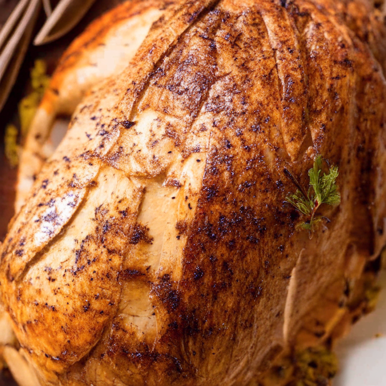 A close-up image of a roasted herb-rubbed turkey on a plate, filling the frame