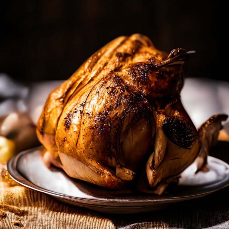 A close-up image of a roasted herb-rubbed turkey on a plate, filling the frame With bright, clear studio lighting focused on the turkey