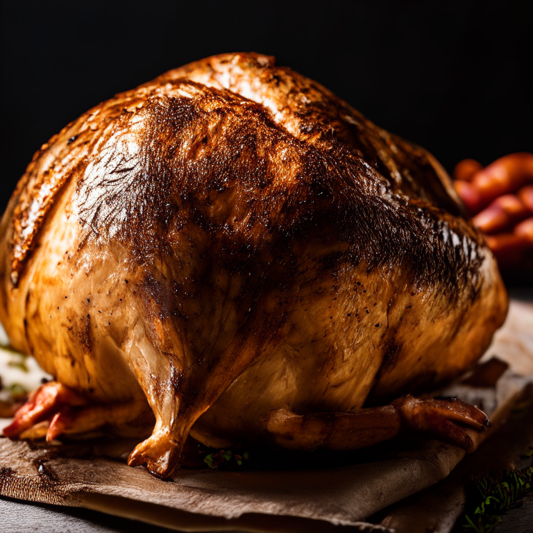 A close-up image of a roasted herb-rubbed turkey on a plate, filling the frame With bright, clear studio lighting focused on the turkey And razor-sharp focus on every part of the turkey, skin and herbs