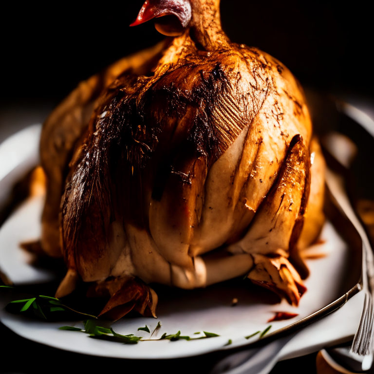 A close-up image filling the frame of a roasted herb-rubbed turkey on a plate With bright, directional studio lighting focused sharply on the turkey And razor-sharp focus showing every inch of the turkey skin, meat and herbs