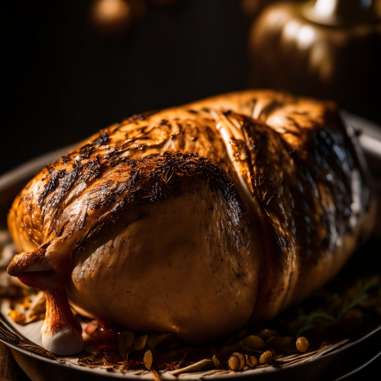 A close-up image filling the frame of a roasted herb-rubbed turkey on a plate With bright, directional studio lighting focused sharply on the turkey from above And razor-sharp focus showing every inch of the turkey skin, meat and herbs