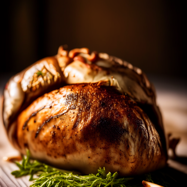 A close-up image filling the frame of a roasted herb-rubbed turkey on a plate With bright, directional studio lighting focused sharply on the turkey from the left And razor-sharp focus showing every inch of the turkey skin, meat and herbs