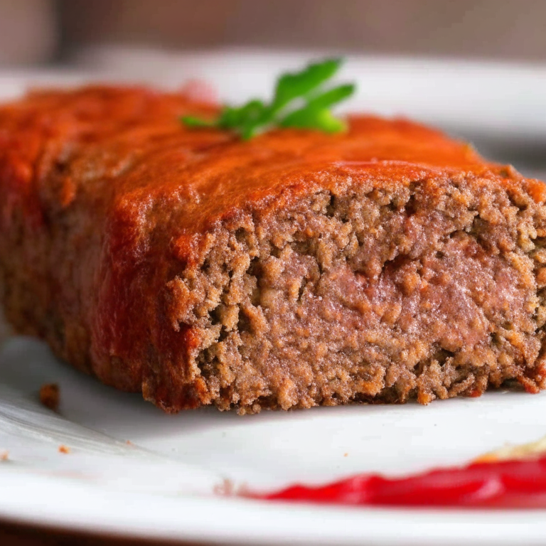 A close-up image of an oven-baked turkey meatloaf on a plate, filling the frame