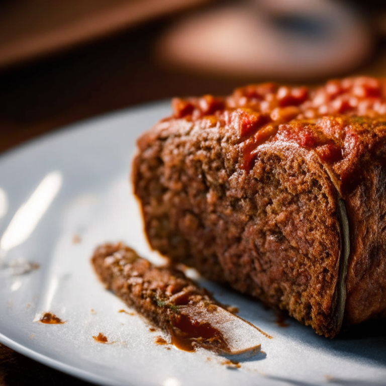 A close-up image of an oven-baked turkey meatloaf on a plate, filling the frame With bright, directional studio lighting focused sharply on the meatloaf from the left