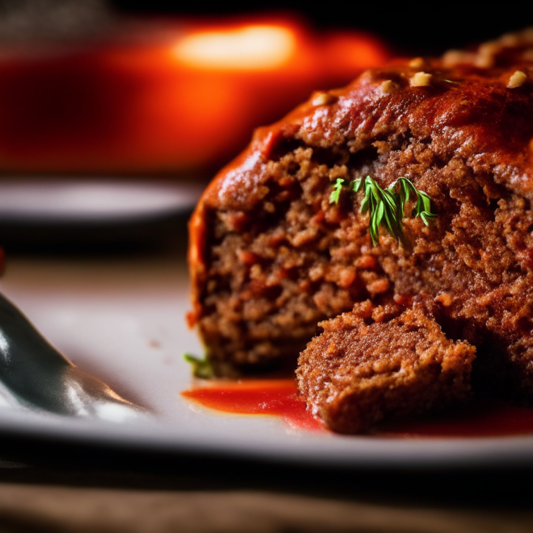 A close-up image filling the frame of the oven-baked turkey meatloaf on a plate With bright, directional studio lighting focused sharply on the meatloaf