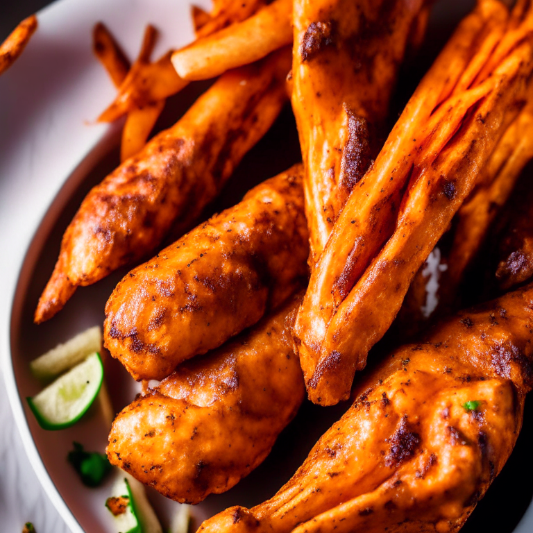 A zoomed-in image filling the frame of air fryer turkey wings and oven-baked sweet potato fries on a plate With bright, directional studio lighting focused sharply on the turkey wings from the left And razor-sharp focus showing every detail of the turkey skin and fries