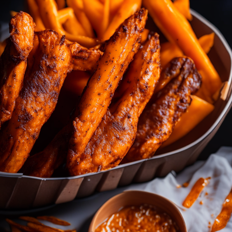 A close-up image filling most of the frame with air fryer turkey wings and sweet potato fries With bright, clear studio lighting from directly above Showing razor-sharp focus on every ridge and curve of the turkey wings and fries