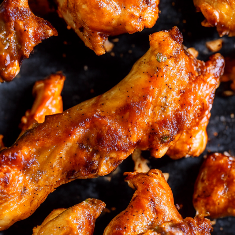 Zoomed in on air fryer turkey wings with razor-sharp focus on every nook and cranny of the skin Bright, clear studio lighting from above