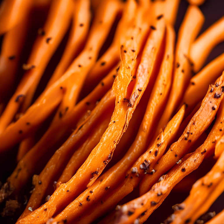 A close-up of oven-baked sweet potato fries filling the frame, razor-sharp focus on every ridge and curve, bright, directional studio lighting from the left