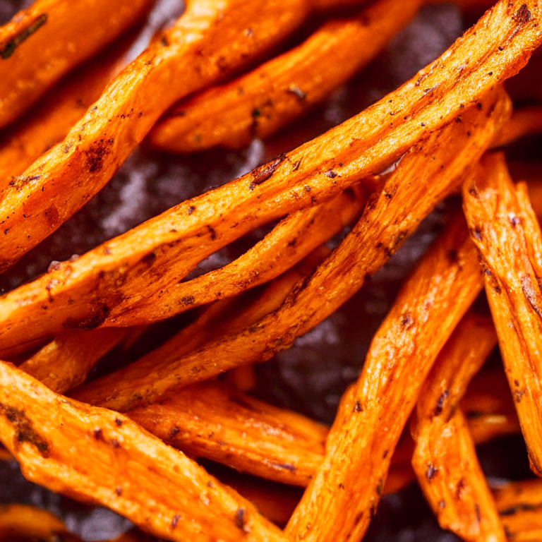 Zoomed in on oven-baked sweet potato fries with razor-sharp focus on every nook and cranny, bright, clear studio lighting from above