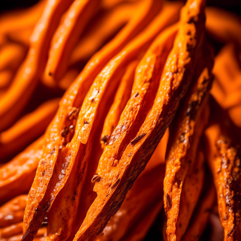 A close-up of oven-baked sweet potato fries filling the frame, razor-sharp focus on every bump and curve, bright, directional studio lighting from the right highlights the texture and color