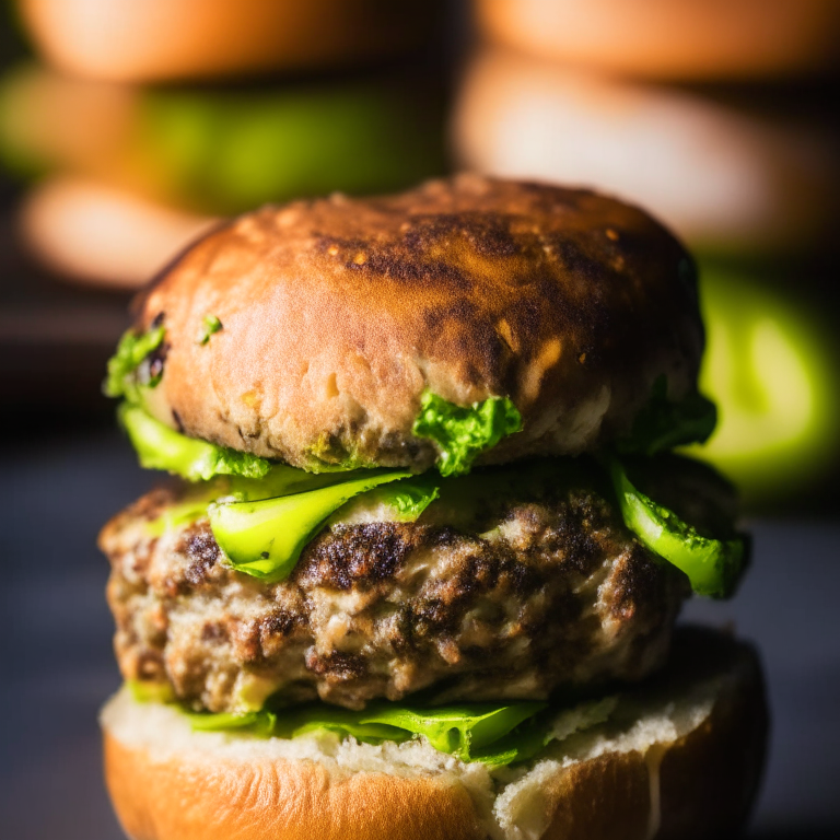 A close-up of air fryer turkey burgers and roasted brussels sprouts filling the frame, razor-sharp focus on every detail, bright, directional studio lighting from the left