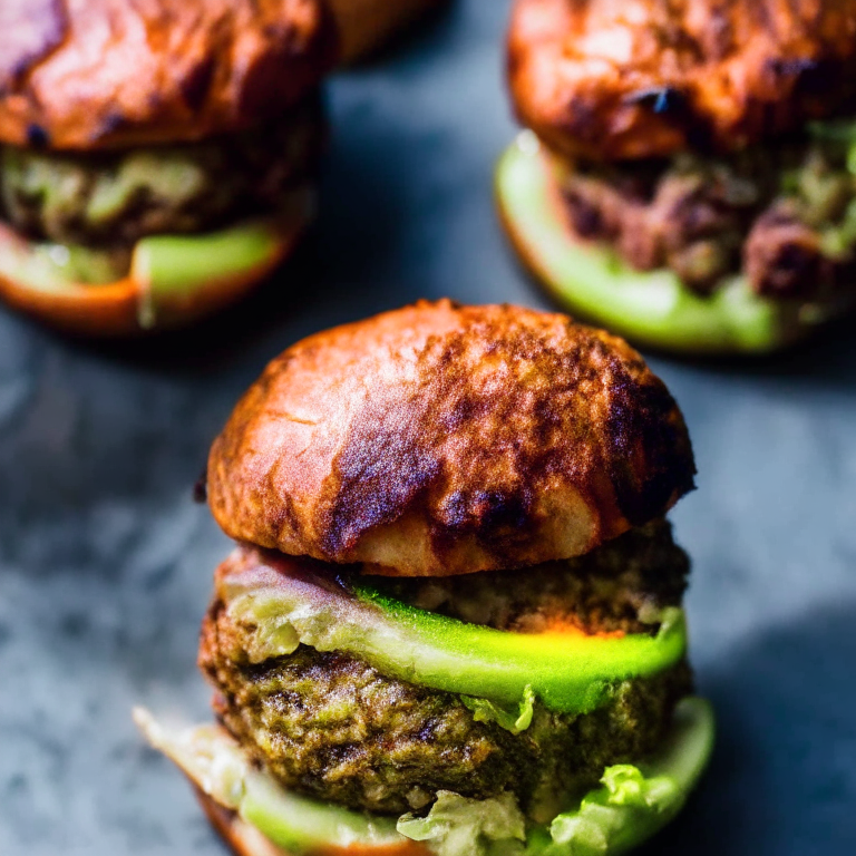 Zoomed in on air fryer turkey burgers and roasted brussels sprouts with razor-sharp focus on every nook and cranny,  bright, clear studio lighting from above