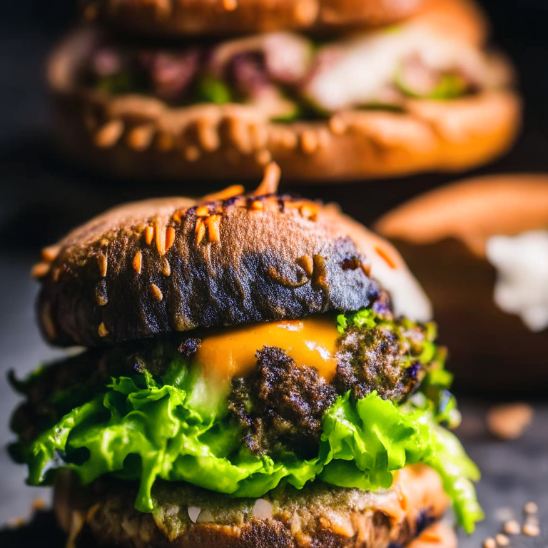 A close-up of air fryer turkey burgers and roasted brussels sprouts filling the frame, razor-sharp focus on every detail, bright, directional studio lighting from the right illuminates the crispy edges and charred bits