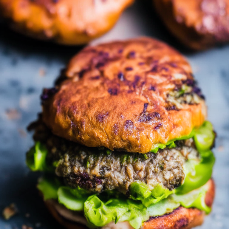 Zoomed in on air fryer turkey burgers and roasted brussels sprouts with razor-sharp focus on every nook and cranny,  bright, clear studio lighting from above highlights the colors and textures