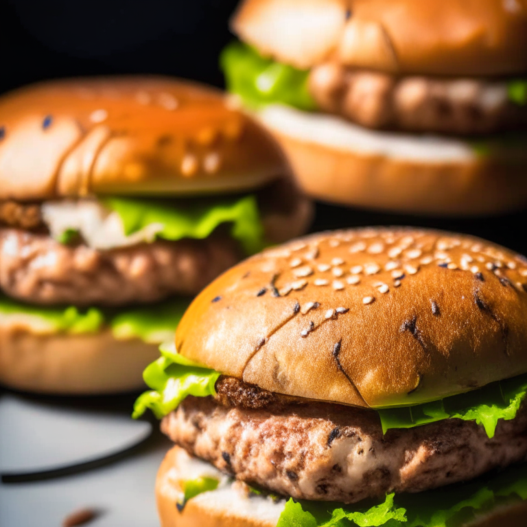 A close-up of two air fryer turkey burgers filling the frame, razor-sharp focus on every bump and curve,  bright, directional studio lighting from the left