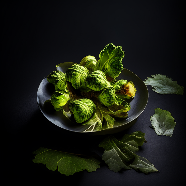 A plate of roasted brussels sprouts filling the frame, razor-sharp focus on every leaf and crevice, bright, directional studio lighting from the right