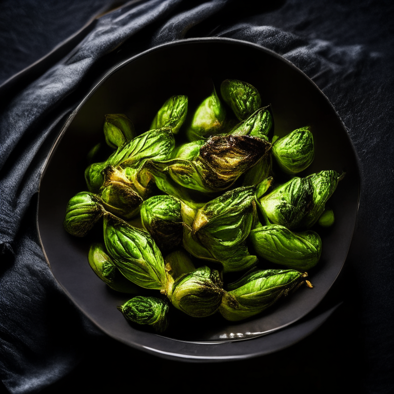 A plate of roasted brussels sprouts filling the frame, cooked in a conventional oven until edges are browned and crisp, razor-sharp focus on every leaf and crevice, bright studio lighting from the right