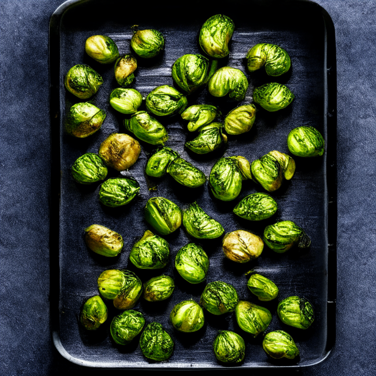 Platter of roasted brussels sprouts on a rectangular metal baking sheet, sprouts are round and evenly browned from being cooked in a conventional oven until edges are crisp,  bright studio lighting from above