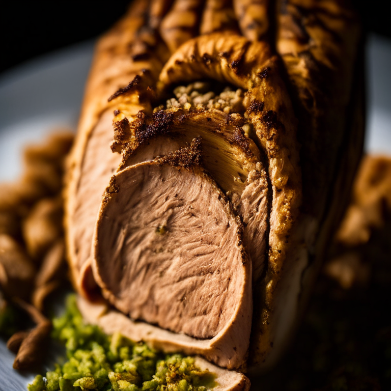 A close-up of air fryer turkey tenderloin and oven-baked stuffing filling the frame, razor-sharp focus on every detail,  bright, clear studio lighting from the left