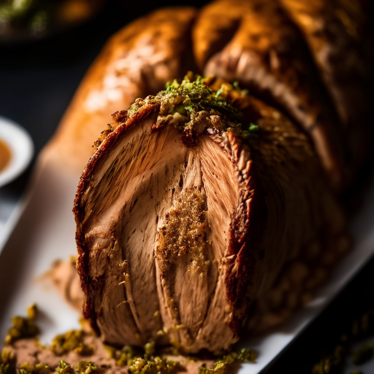 A close-up of air fryer turkey tenderloin and oven-baked stuffing filling the frame, razor-sharp focus on every detail,  softbox lighting from the left at a lower angle