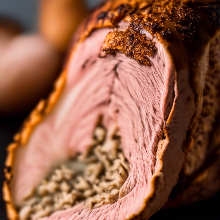 A close-up of air fryer stuffed turkey tenderloin filling the frame, razor-sharp focus on every detail,  bright, clear studio lighting from the left