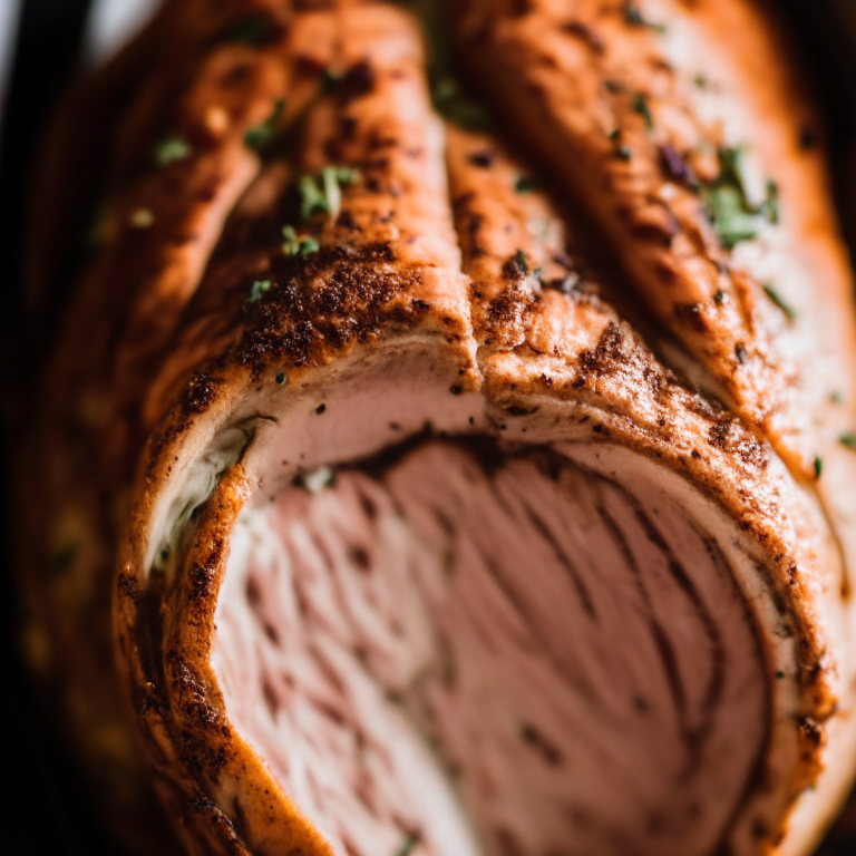 A close-up of air fryer stuffed turkey tenderloin filling the frame, razor-sharp focus on every detail, softbox lighting from the left at a lower angle