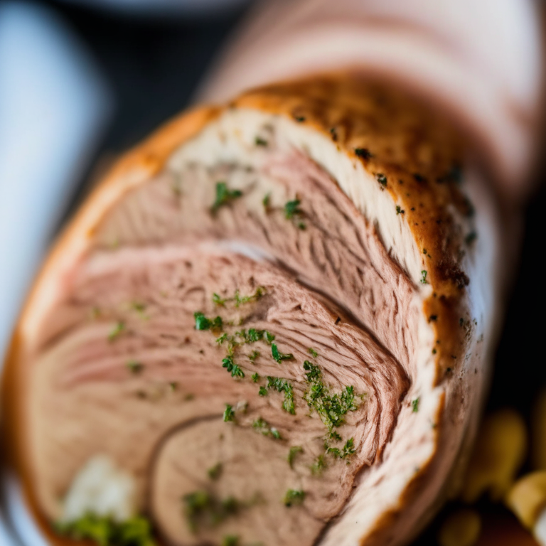 A close-up of air fryer stuffed turkey tenderloin filling the frame, razor-sharp focus on every detail, natural light from an open window at right angles to the food