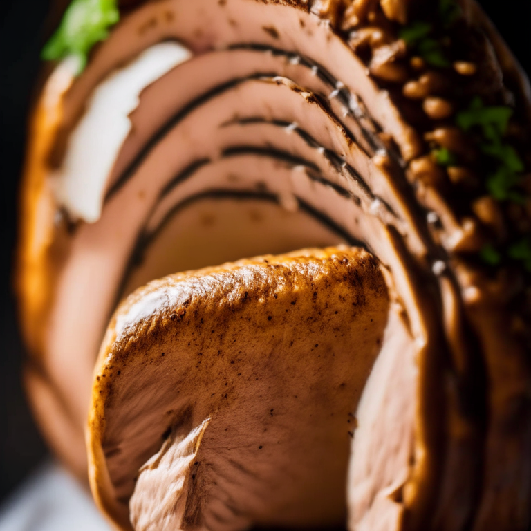 A close-up of air fryer stuffed turkey tenderloin filling the frame, razor-sharp focus on every minuscule detail,  bright, clear studio lighting from the left, ultra-high definition