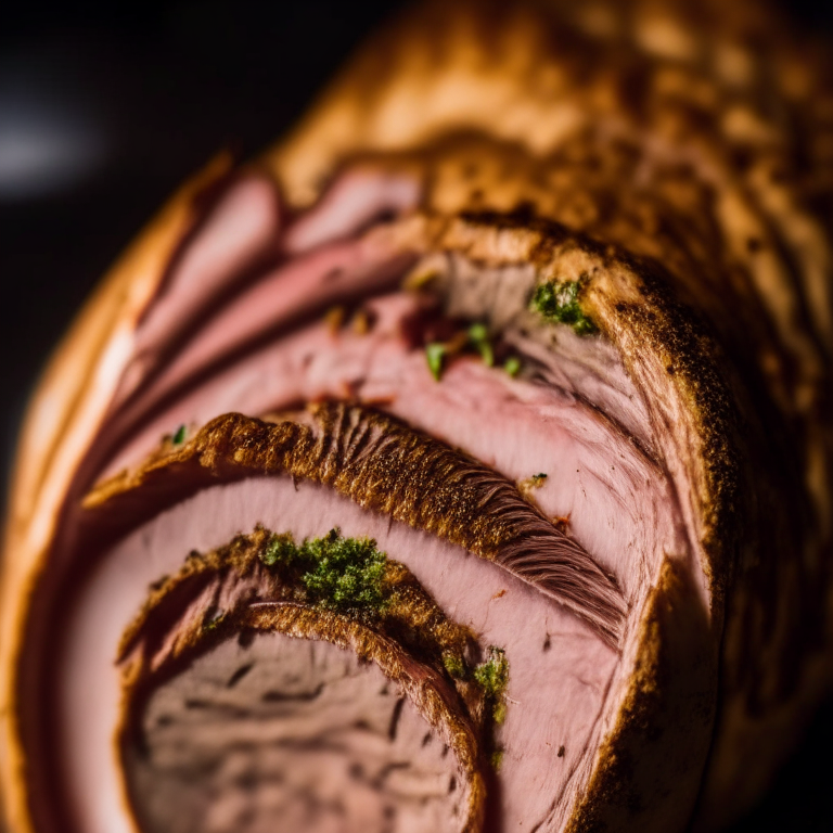 A close-up of air fryer stuffed turkey tenderloin filling the frame, razor-sharp focus on every minuscule detail, softbox lighting from the left at a lower angle, ultra-high definition