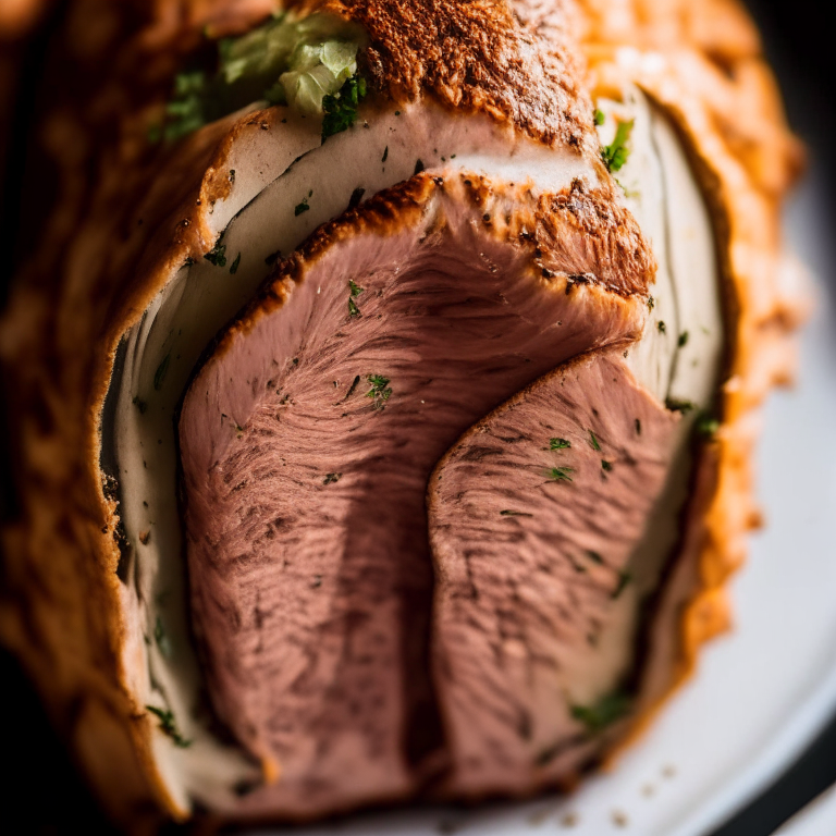 A close-up of air fryer stuffed turkey tenderloin filling the frame, razor-sharp focus on every minuscule detail, natural light from an open window at right angles to the food, ultra-high definition