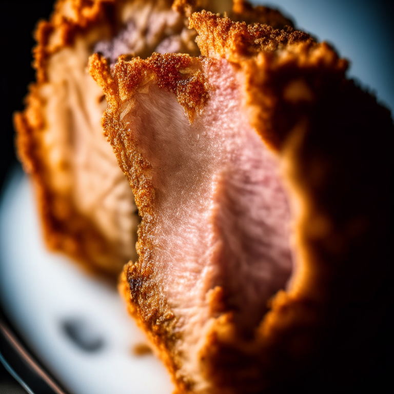 A close-up of a crispy air fryer pork chop filling the frame, razor-sharp focus on every detail, natural light from an open window