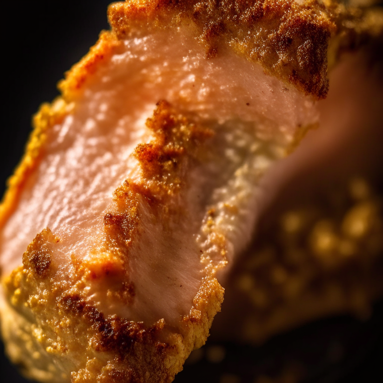 A close-up of a crispy air fryer pork chop filling the frame, razor-sharp focus on every minuscule detail,  bright, clear studio lighting from the left