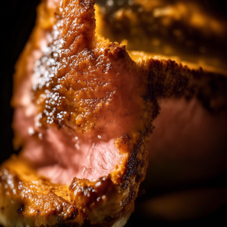 A close-up of a crispy air fryer pork chop filling the frame, razor-sharp focus on every detail, softbox lighting from the left side at a low angle