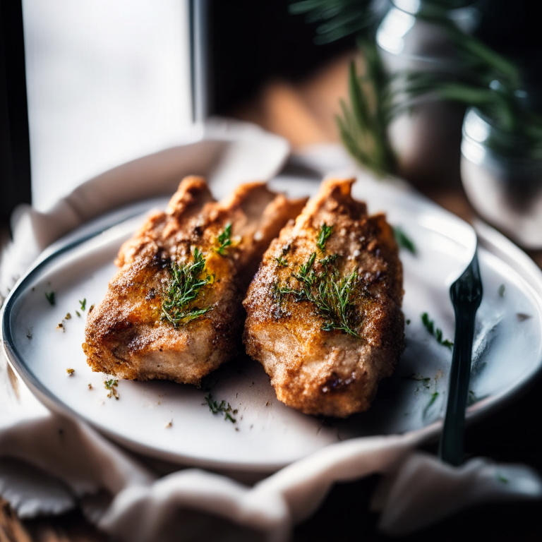 A plate of three crispy air fryer pork chops with rosemary, filling the frame, razor-sharp focus on every detail, natural light from an open window