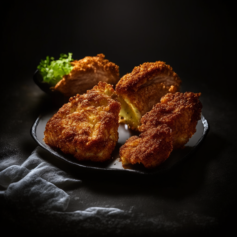 A plate of five crispy air fryer pork chops filling the frame, razor-sharp focus on every minuscule detail,  bright, clear studio lighting from the left