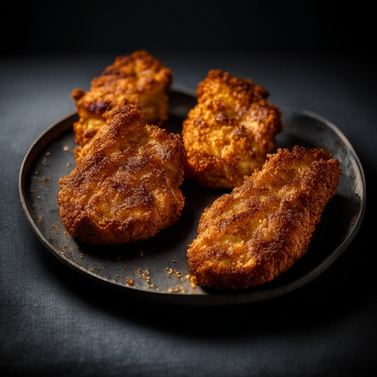 A plate of four crispy air fryer pork chops filling the frame, razor-sharp focus on every detail, softbox lighting from the left side at a low angle