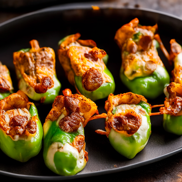 A plate of six air fryer bacon-wrapped jalapeno poppers filling the frame, razor-sharp focus on every minuscule detail, softbox lighting from the left side at a low angle