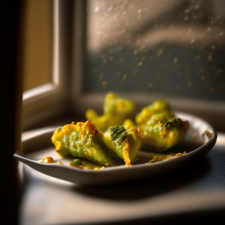 A plate of jalapeno poppers filling the frame, razor-sharp focus on every minuscule detail, natural light from an open window