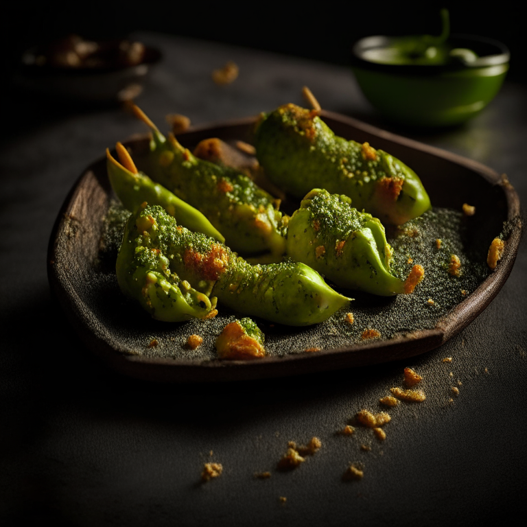 A plate of jalapeno poppers filling the frame, razor-sharp focus on every minuscule detail, softbox lighting from the left side at a low angle