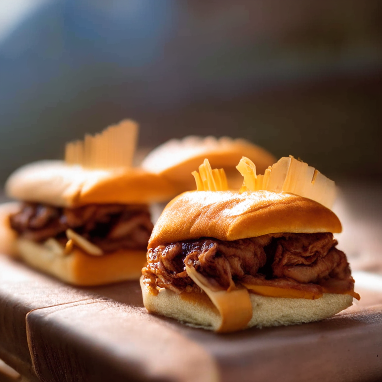 Three Oven-Baked BBQ Pulled Pork Sliders filling the frame, razor-sharp focus on every detail, natural light from an open window