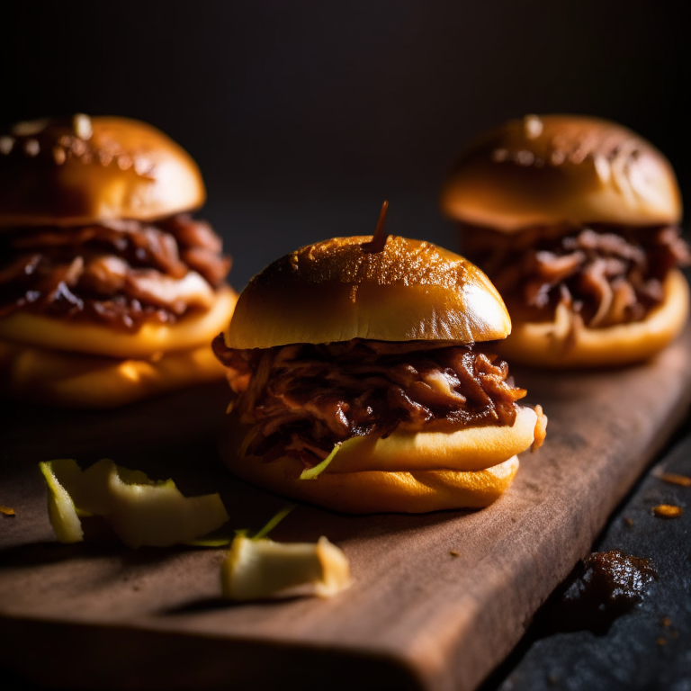 Three Oven-Baked BBQ Pulled Pork Sliders filling the frame, razor-sharp focus on every minuscule detail,  bright, clear studio lighting from the left