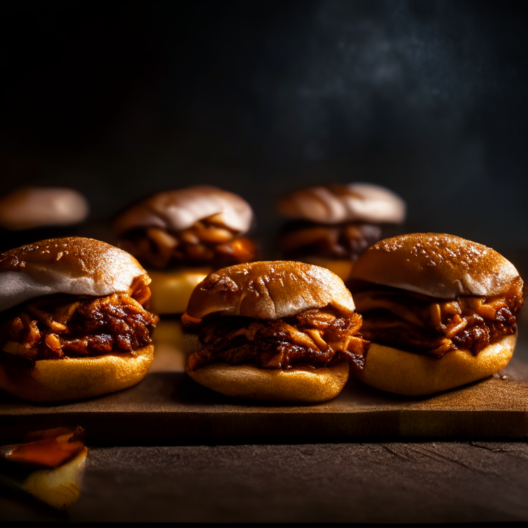 Three Oven-Baked BBQ Pulled Pork Sliders filling the frame, razor-sharp focus on every minuscule detail, softbox lighting from the left side at a low angle