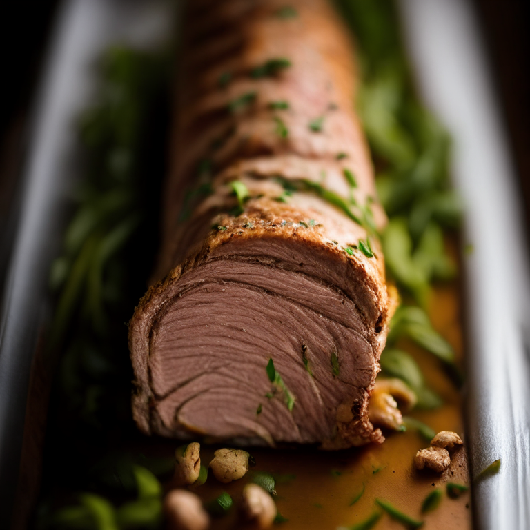 A Roasted Garlic Herb Pork Tenderloin filling most of the frame, razor-sharp focus on every herb and garlic clove, natural light from an open window