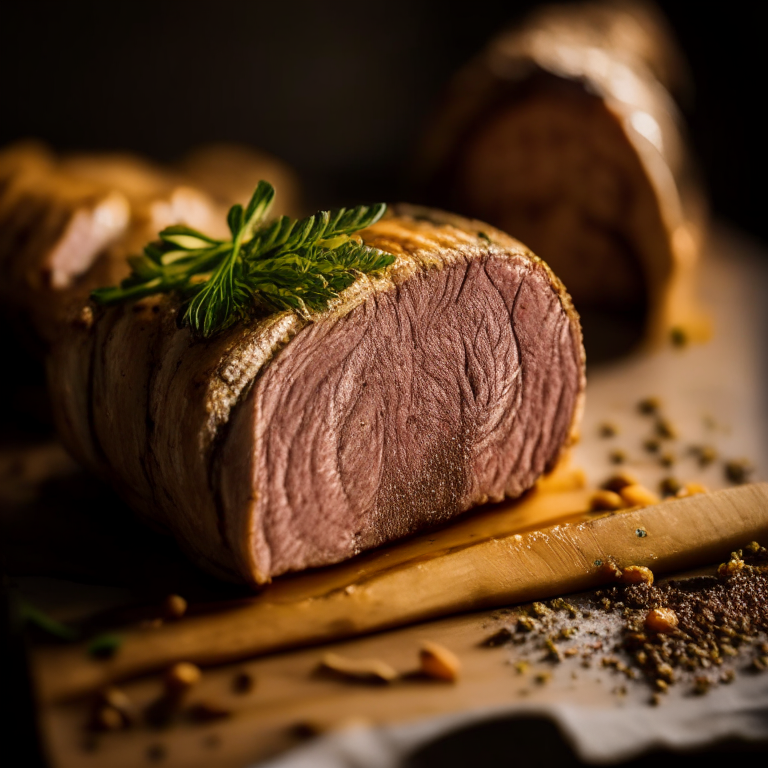 A Roasted Garlic Herb Pork Tenderloin filling most of the frame, razor-sharp focus on every part including the garlic cloves,  bright, clear studio lighting from the left