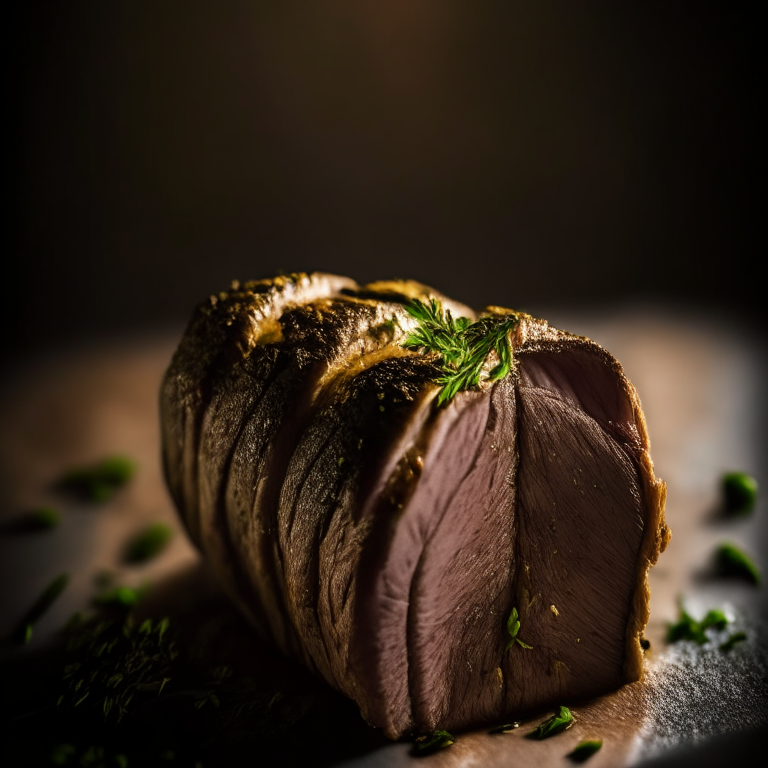 A Roasted Garlic Herb Pork Tenderloin filling most of the frame, razor-sharp focus on every minuscule herb and garlic clove, softbox lighting from the left side at a low angle