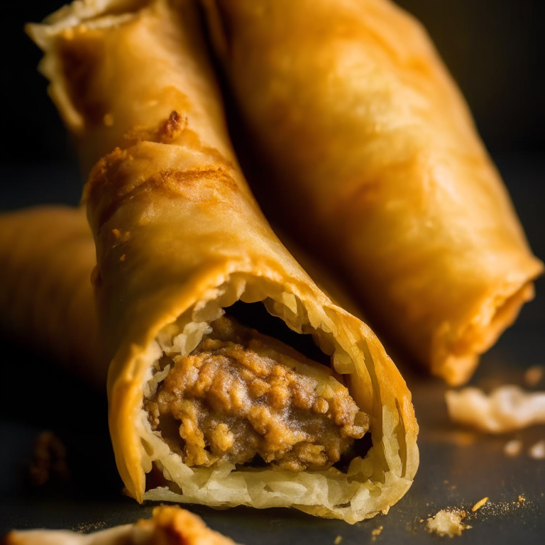 Air Fryer Pork Egg Rolls filling most of the frame, razor-sharp focus on every part including the folds,  bright, clear studio lighting from the left