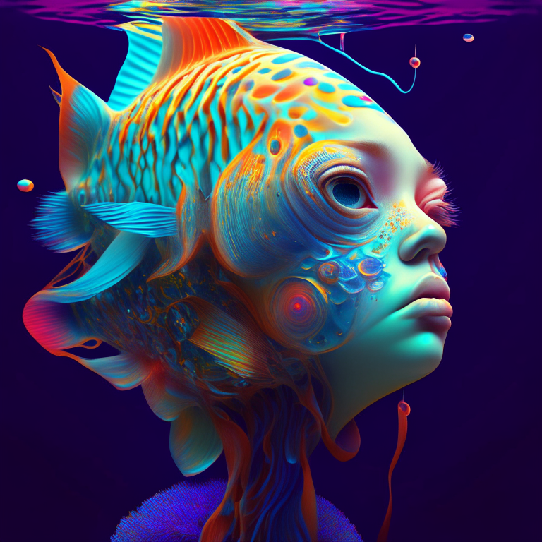 girl-Fish. psychedelic surrealism.render 3 d