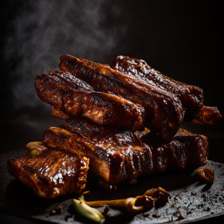 Air Fryer Pork Ribs filling most of the frame, razor-sharp focus on every part of the meat and bones,  bright, clear studio lighting from the left